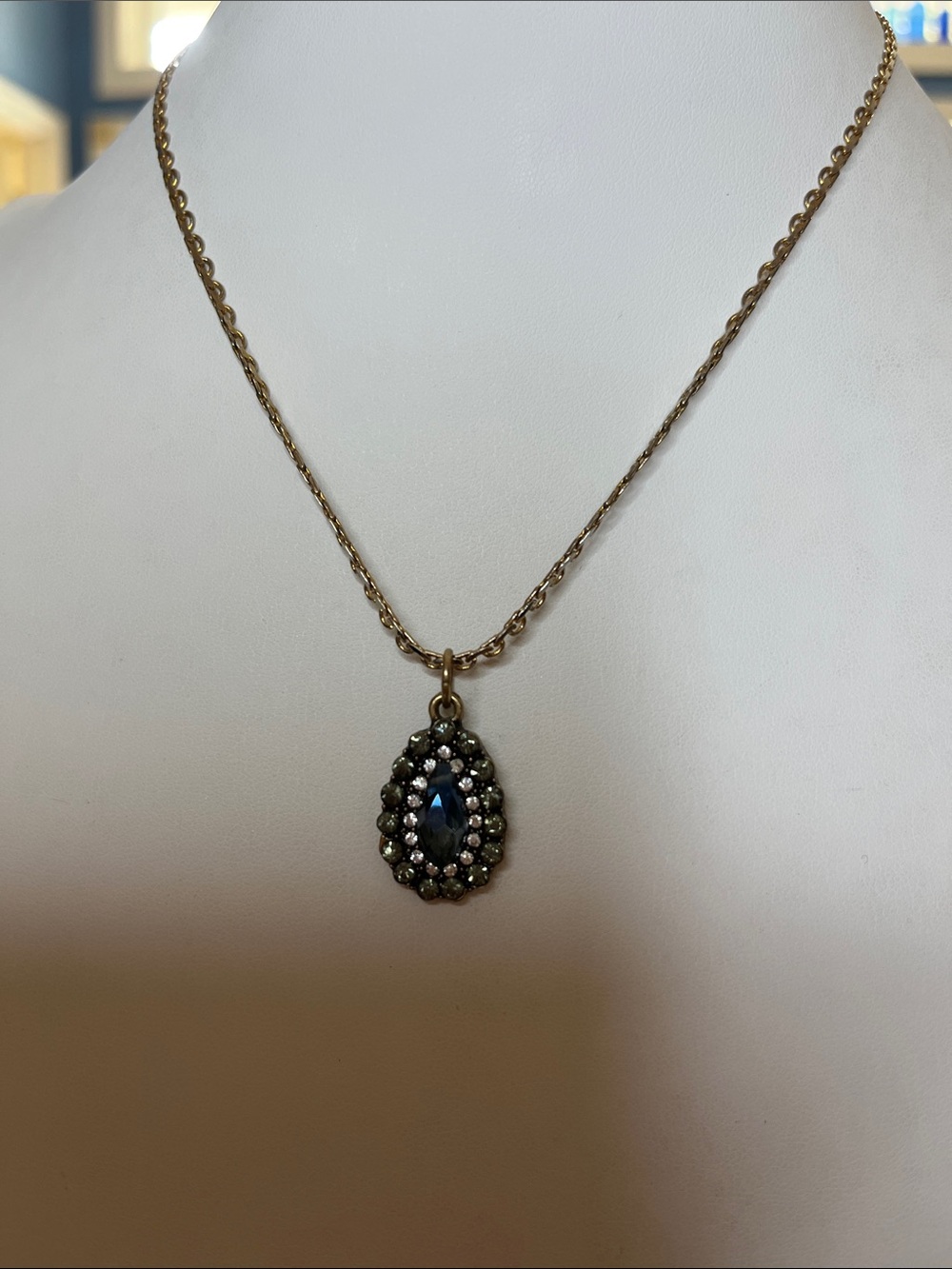 10/$10 Vintage-Style Gold Necklace with Blue Teardrop Pendant